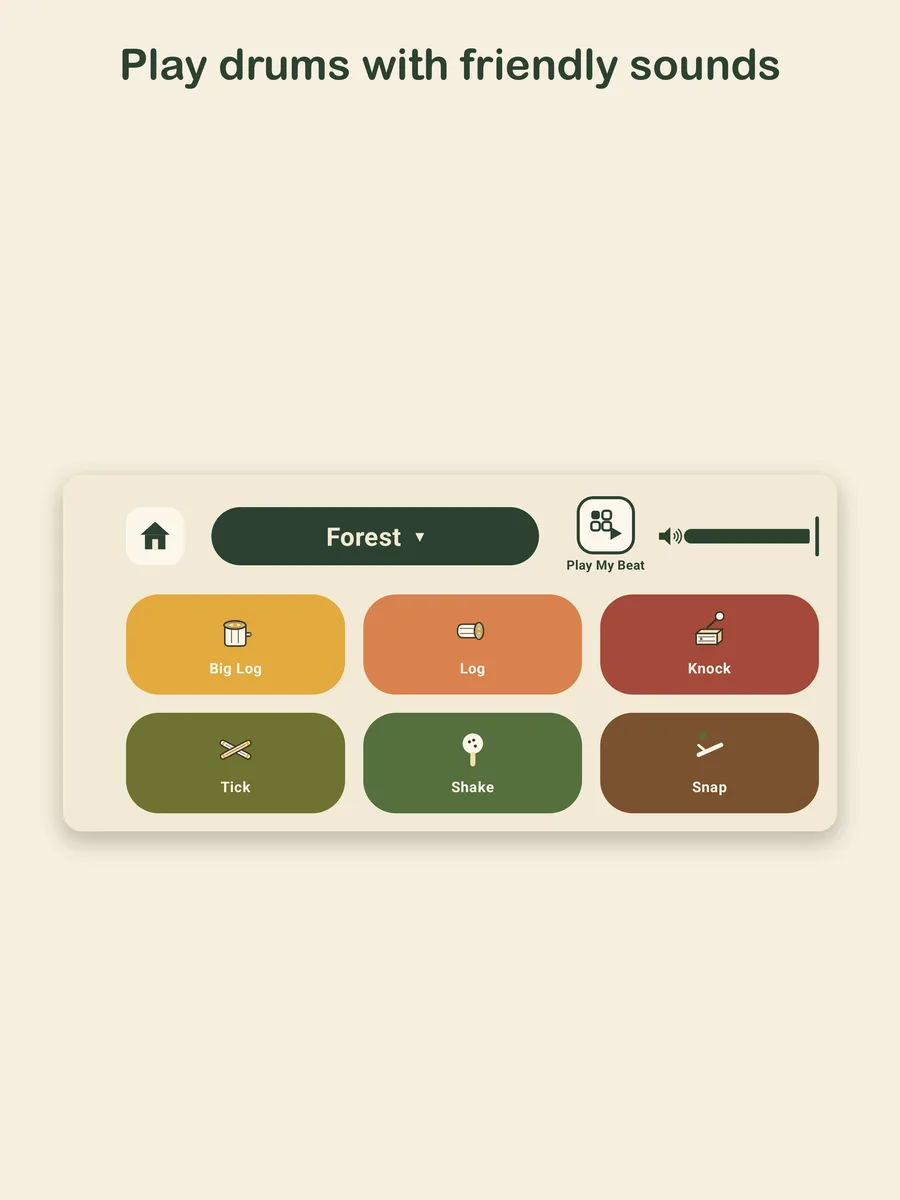 Six large colorful drum pads in the Forest sound kit