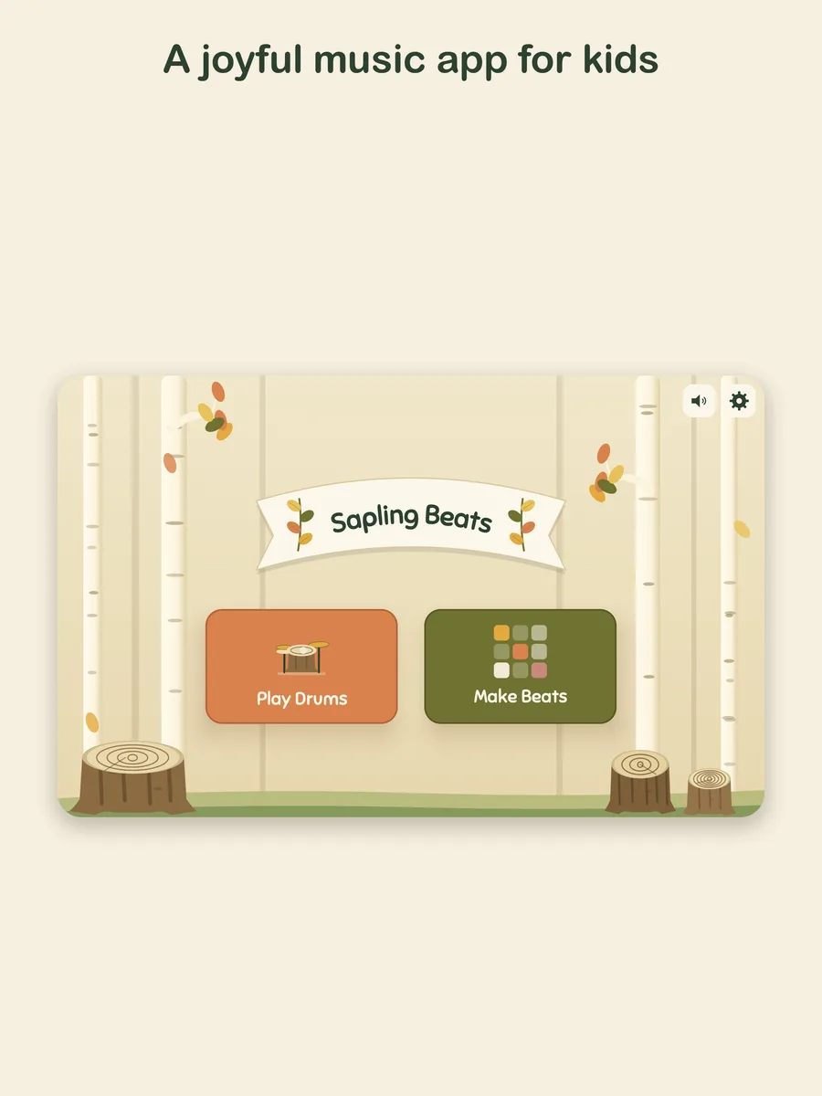 Sapling Beats home screen with Play Drums and Make Beats choices