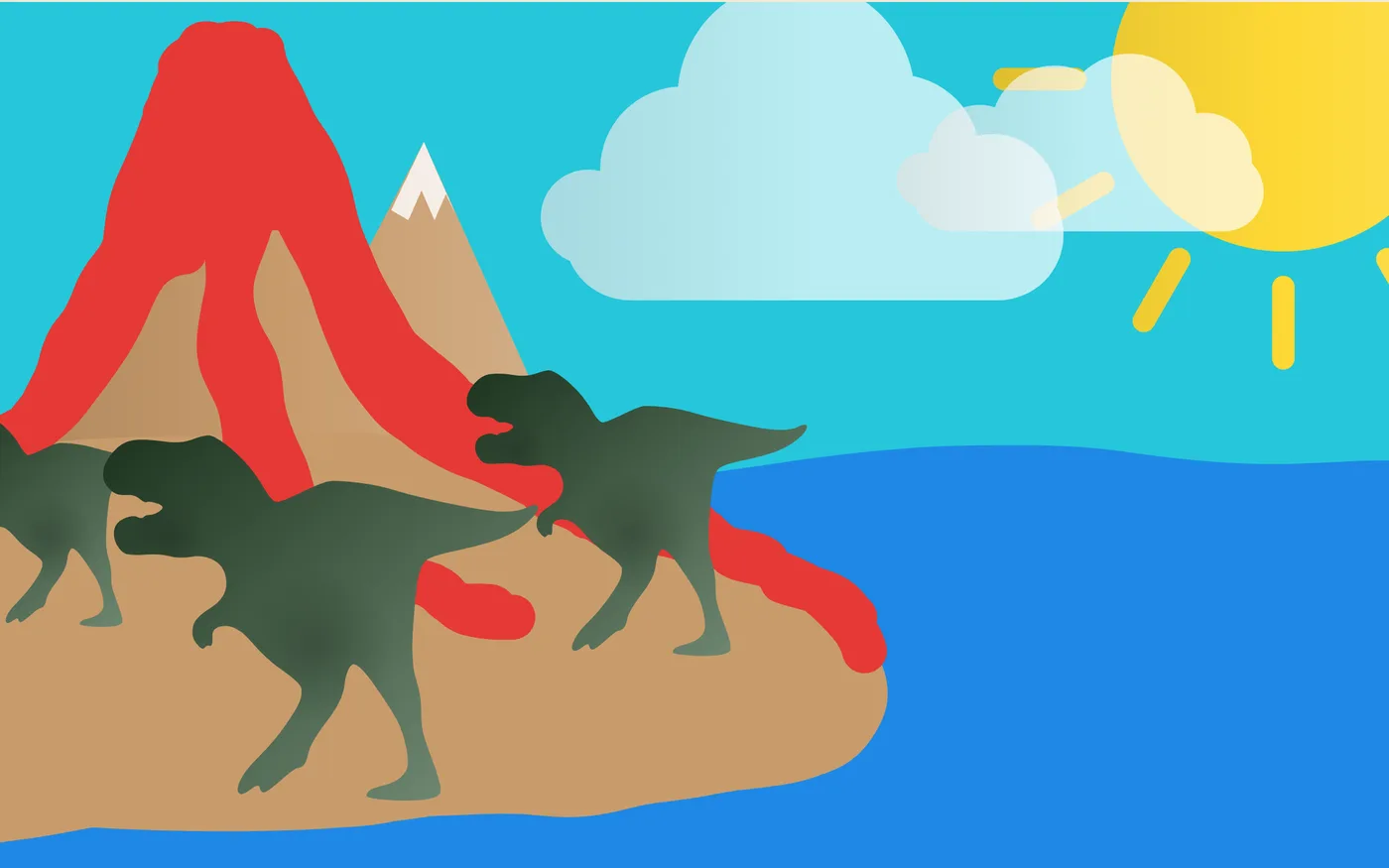 Dinosaurs beside a volcano, mountains, ocean, sun, and clouds in Sapling Draw