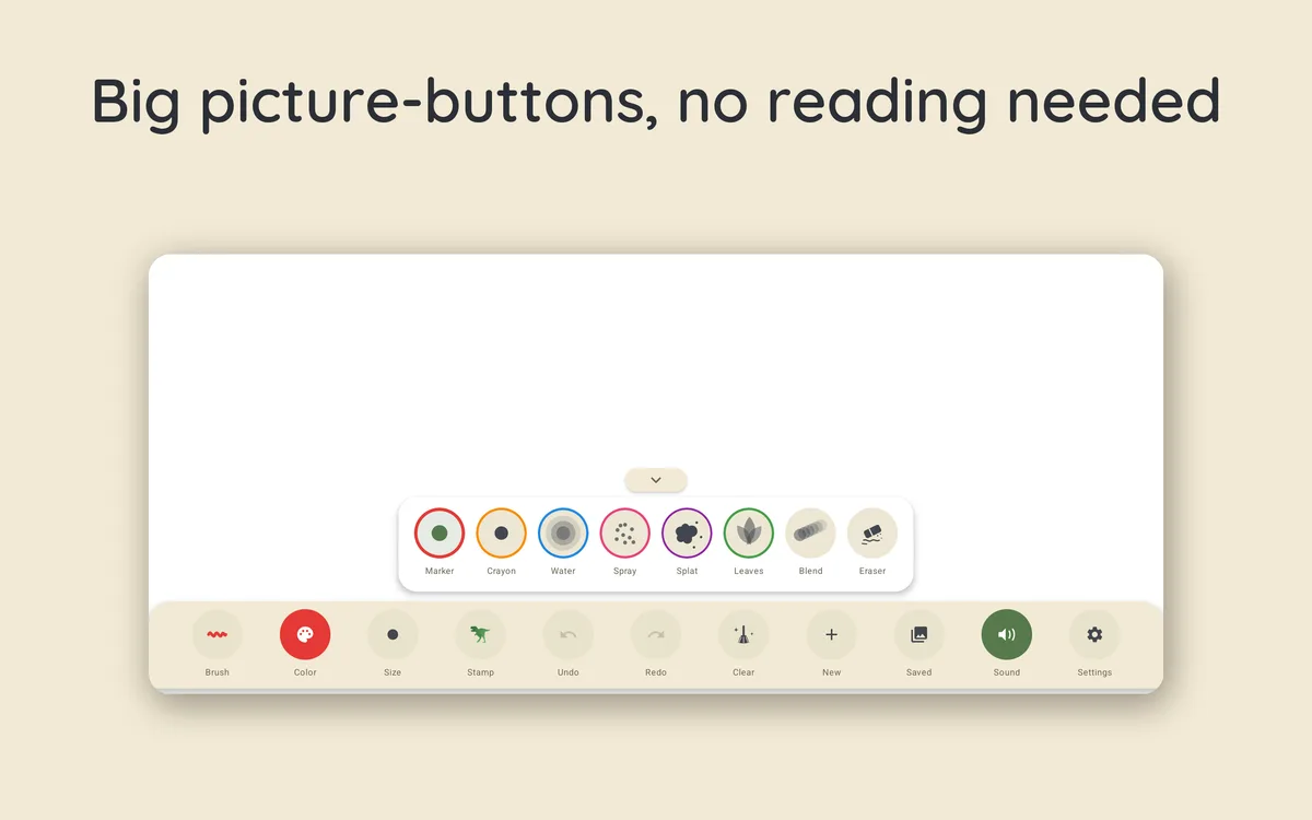 Sapling Draw toolbar showing large picture buttons and a row of brushes
