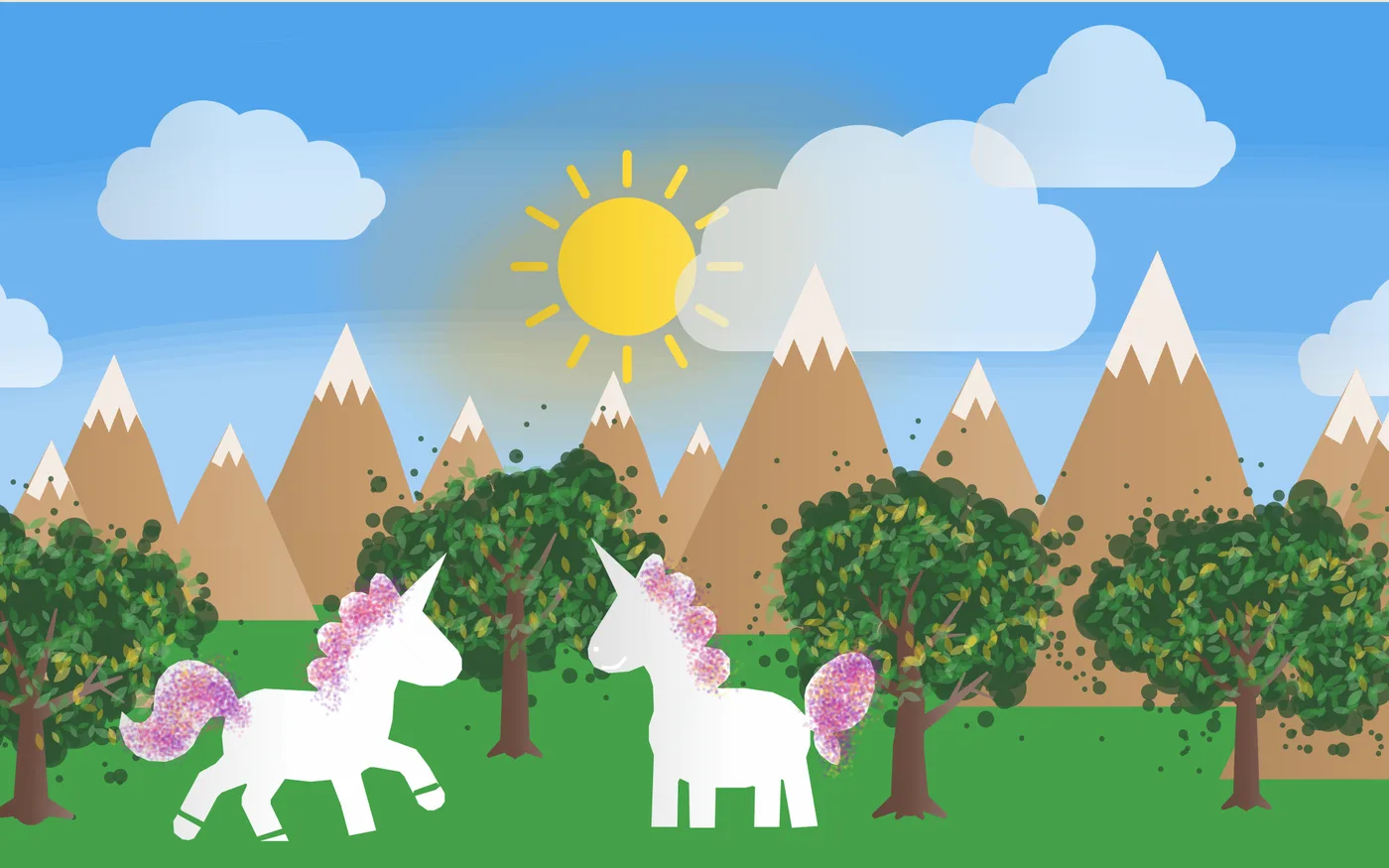 Two sparkling unicorn stamps in a colorful mountain meadow made in Sapling Draw