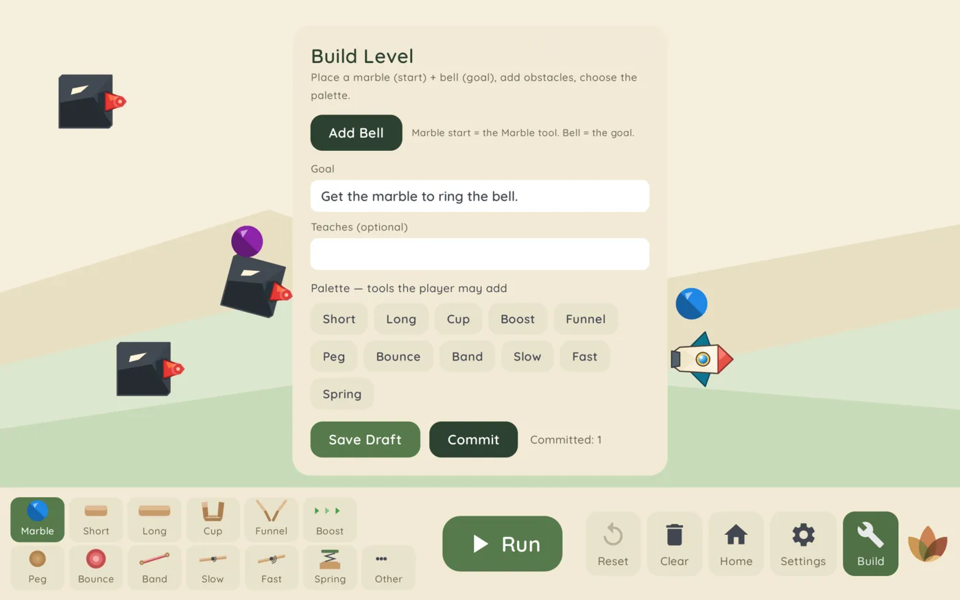 Sapling Machines level builder for creating an original marble-run challenge