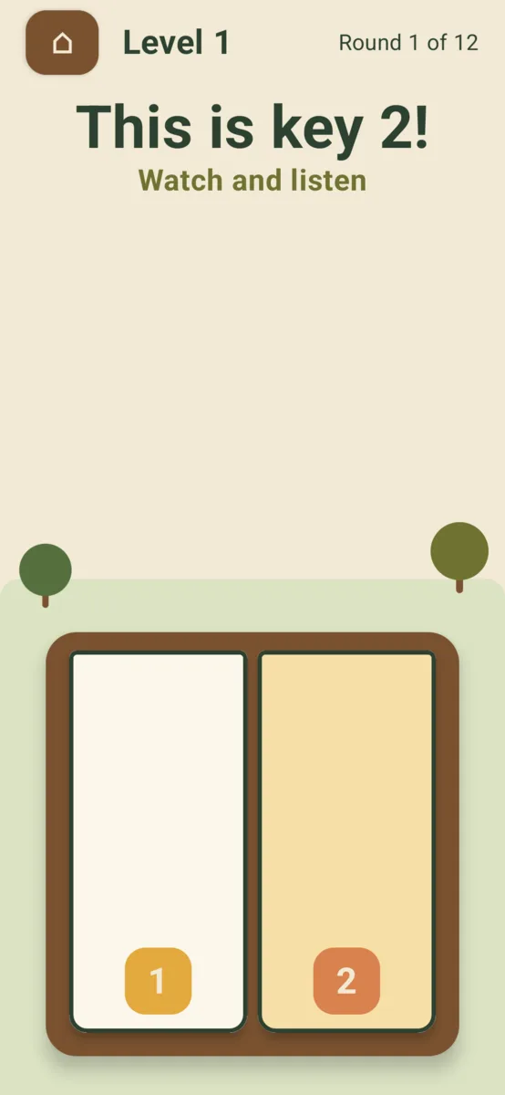 Portrait Sapling Music lesson screen with a simple on-screen piano