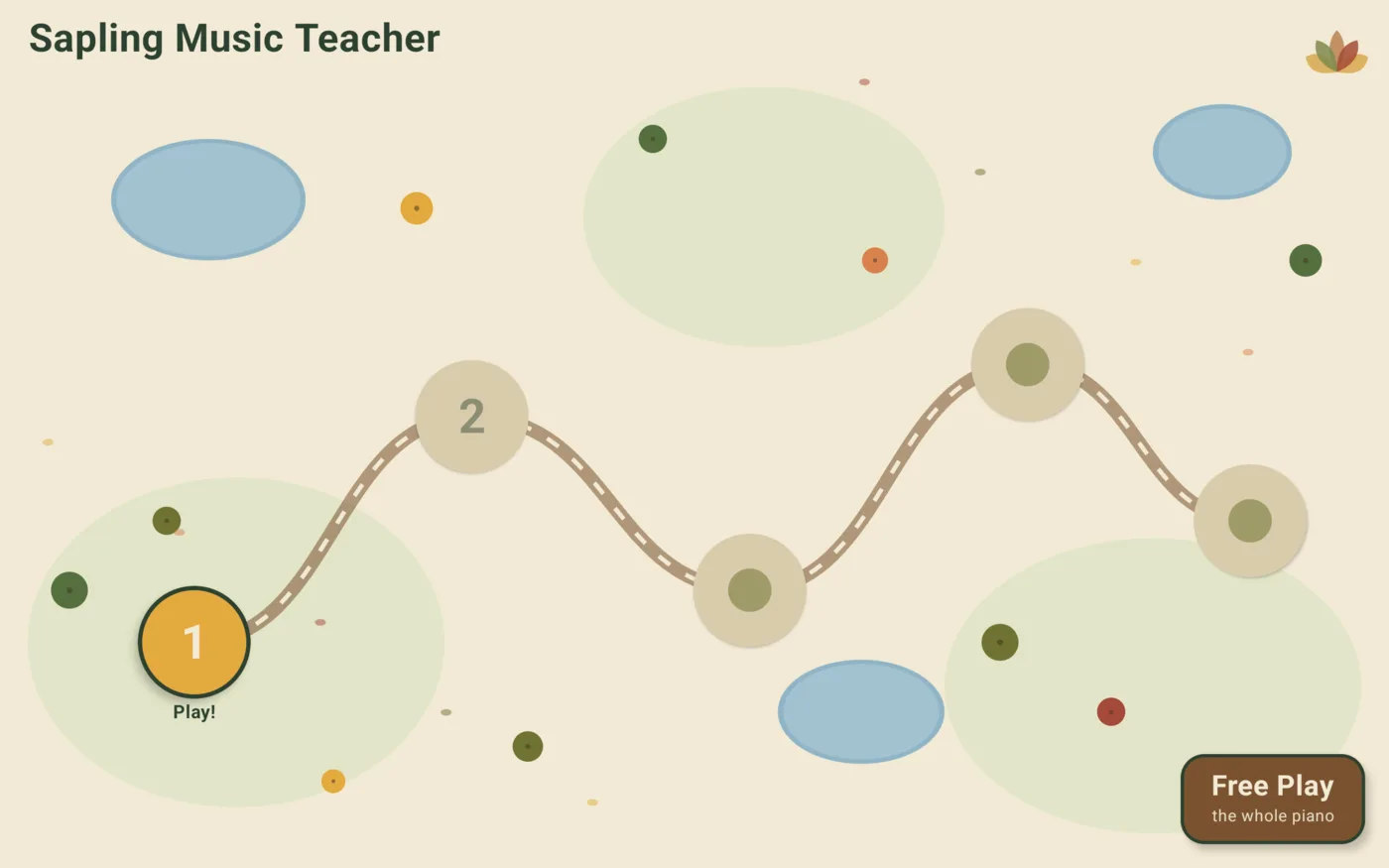 Forest path map with Sapling Music lesson levels and a Free Play piano