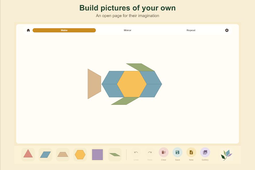A colorful fish built from geometric pieces in Sapling Tangram Create mode