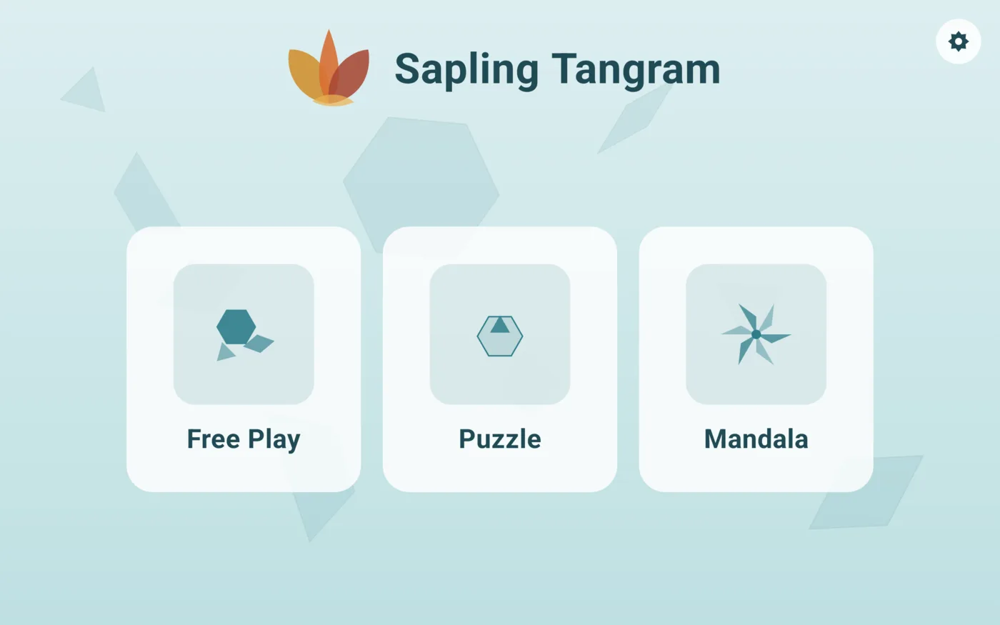 Sapling Tangram home screen with Free Play, Puzzle, and Mandala modes