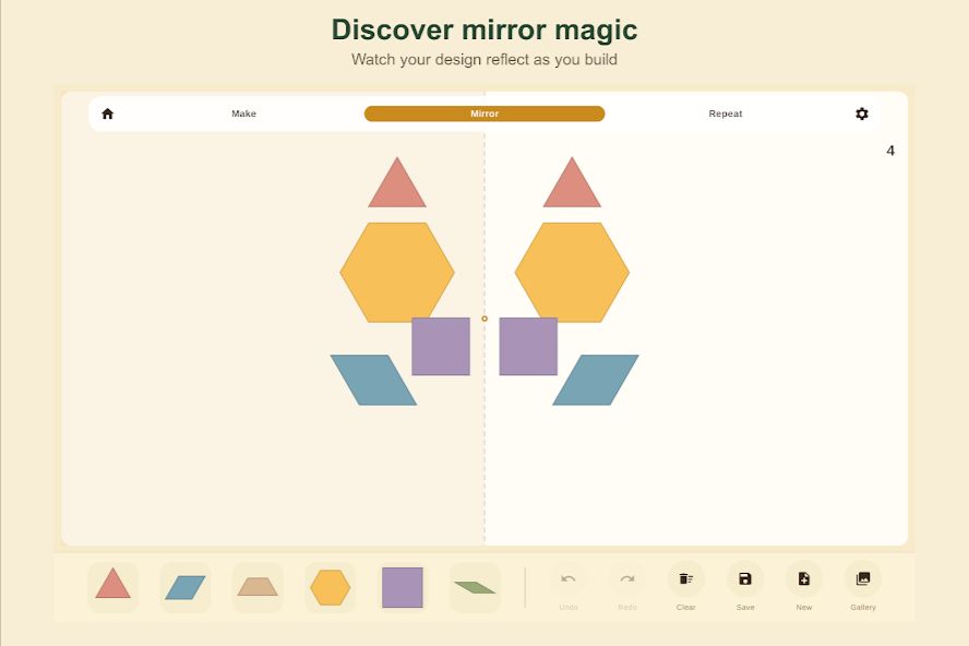 A geometric design reflected across the center line in Sapling Tangram Mirror mode