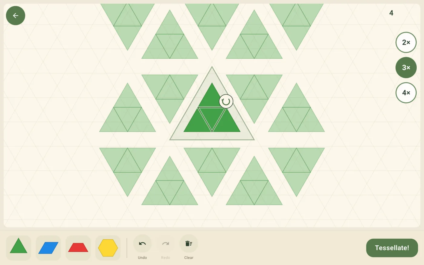 Repeating green triangle pattern being built in Sapling Tangram tessellation mode