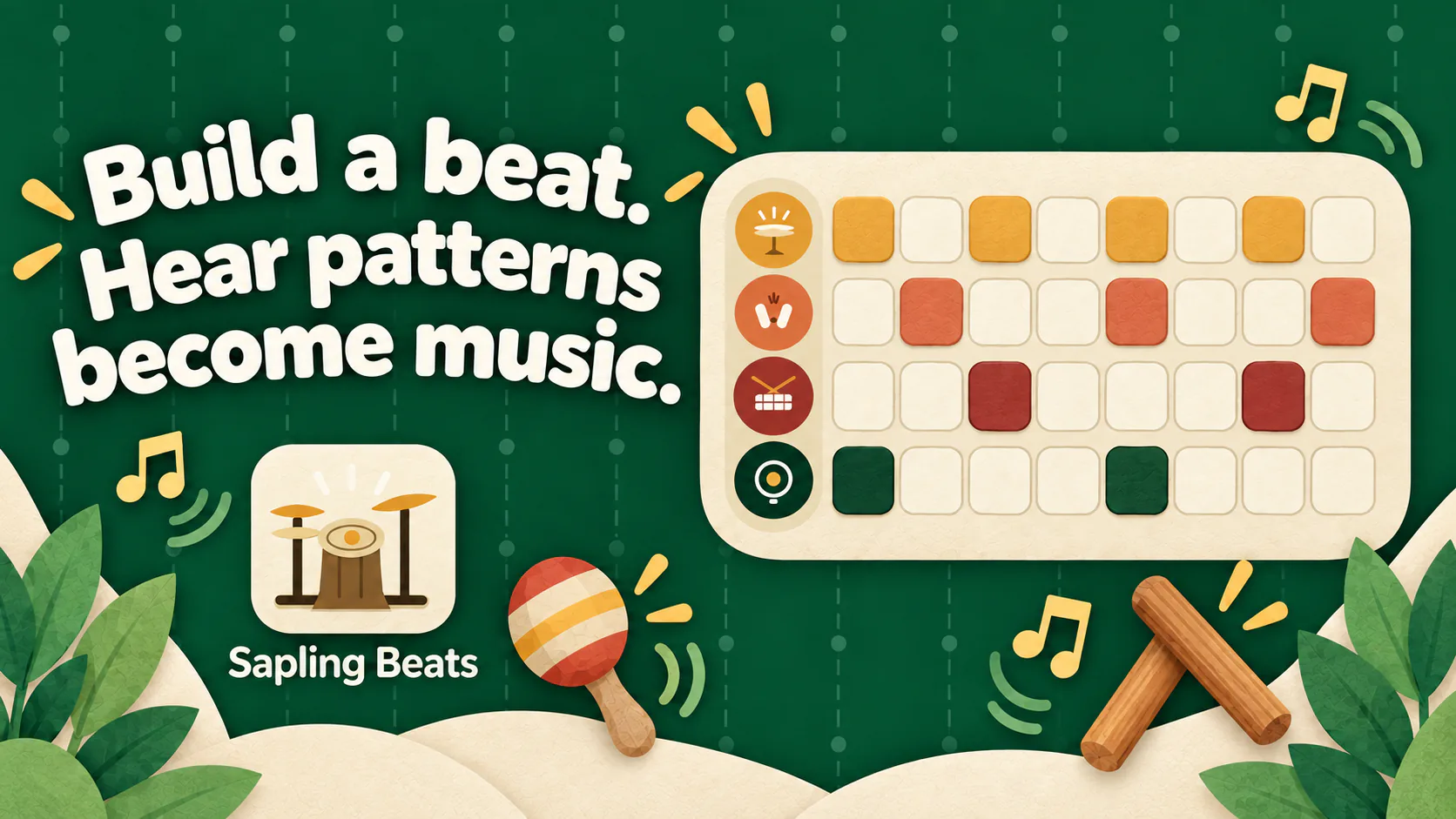 Sapling Beats campaign artwork with the words Build a beat. Hear patterns become music beside a colorful step sequencer and percussion instruments