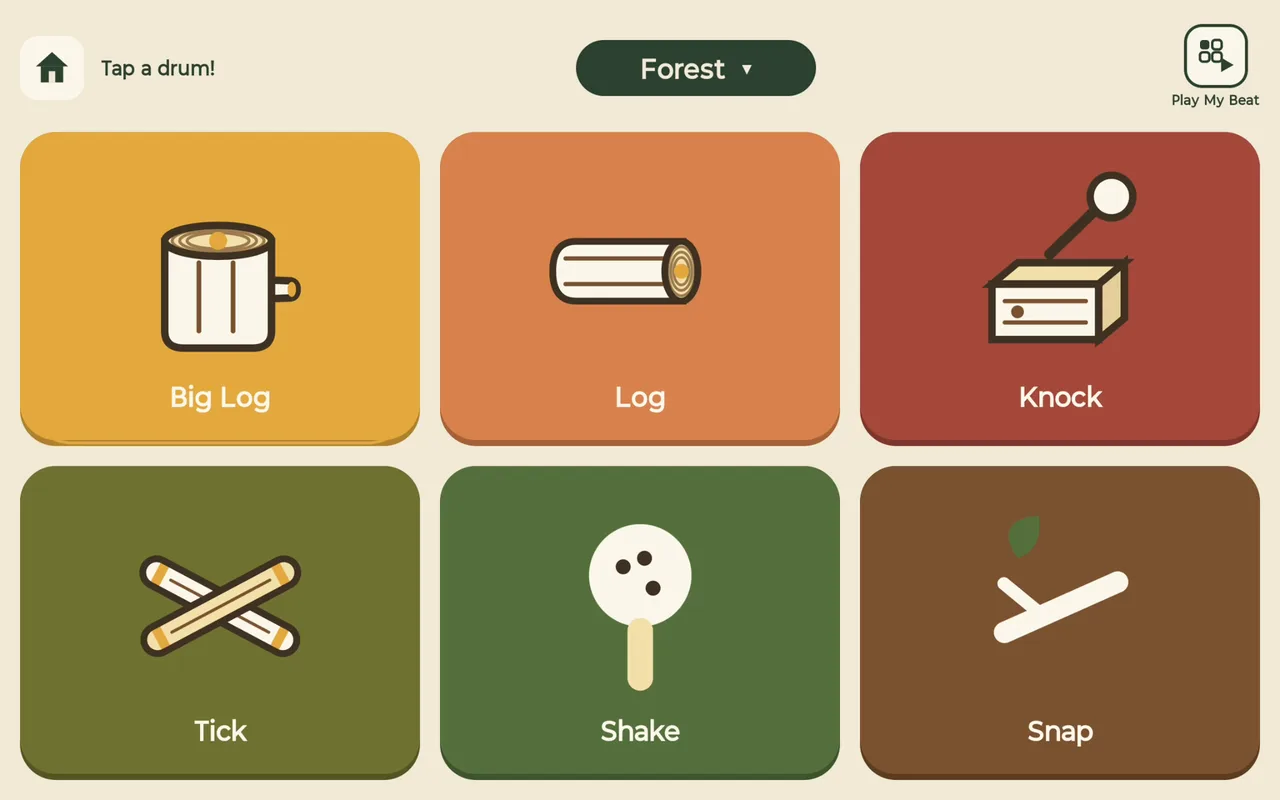 Six large illustrated drum pads in Sapling Beats